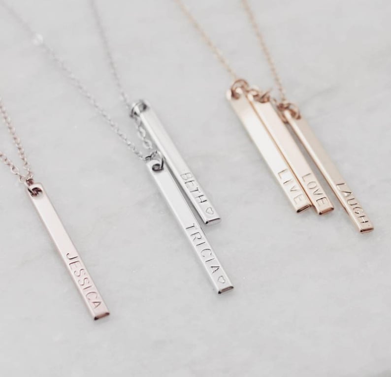 Name Word Bar Necklaces Rose Gold Silver or Gold Wedding Bridesmaids Mom
