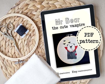 PDF pattern: Mr Bear the cute Vampire // PDF Embroidery Pattern // Beginner Hand Embroidery Pattern // DIY Hoop Art // Digital File