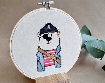 Mr Bear the mighty pirate // modern hand embroidery // cute animal embroidery // wall decor for nursery, living room // Captain Bear