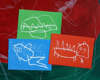 Set of 3 postcards: two dragons and a fish linocut