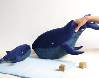 Handmade Organic Plush Whale: Eco-Friendly Baby Toy, sustainable blue whale plushie