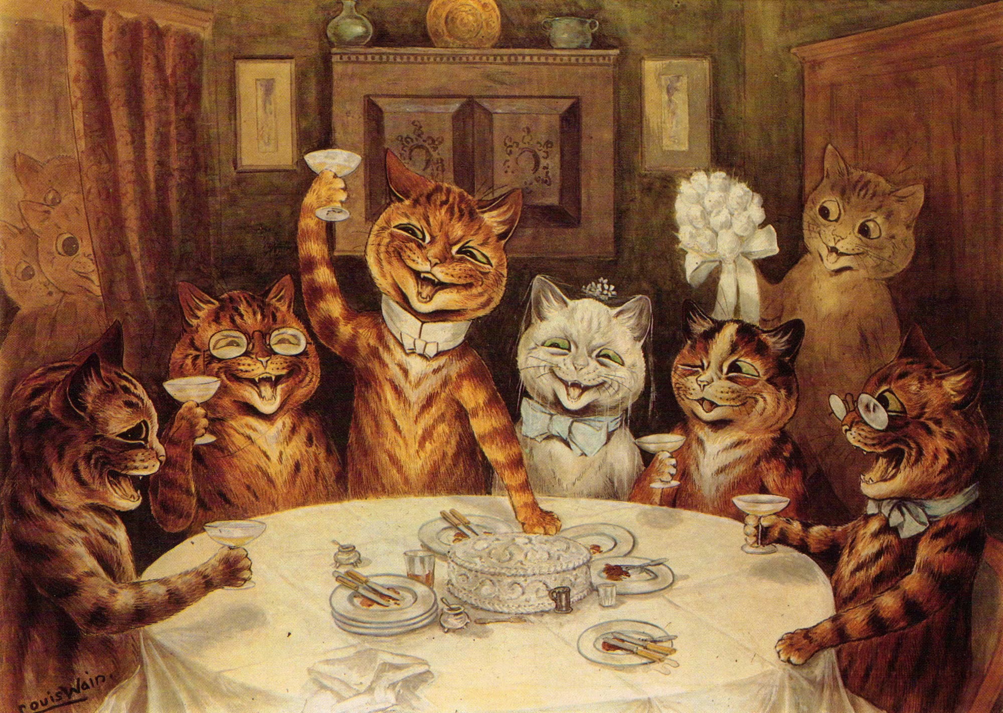 Tableau Chat Louis Wain – La Fête Du Célibataire – Toile Tendu Pret à Accrocher
