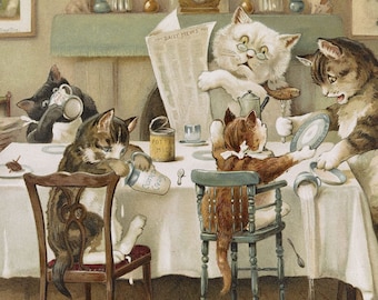 Louis Wain Cats at Meal Time Vintage Art Print