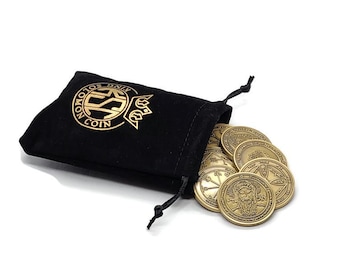 May include: A black velvet pouch with gold lettering that reads "Common Coin Only" and a gold crown. The pouch is open and contains a set of eight gold-colored metal coins with intricate designs.