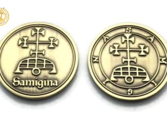 Samigina Demon Sigil Mynt, Ars Goetia Kunskapstalisman, Massiv Mässing (38 mm)