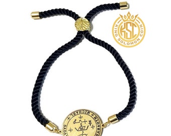 Archangel Michael Protection Bracelet – King Solomon Seal Coin & 72 Names of God (Black Cord)