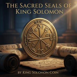 Puede incluir: Una moneda dorada con símbolos y texto intrincados, centrada en la imagen. Las palabras "THE SACRED SEALS OF KING SOLOMON" están encima. Hay rollos enrollados y texto en el fondo. El texto "BY KING SOLOMON COIN" está en la parte inferior.