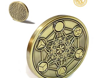 Metatrons Cube Coin, Sacred Geometry Talisman, Archangel Metatron Seal, 72 Names of God