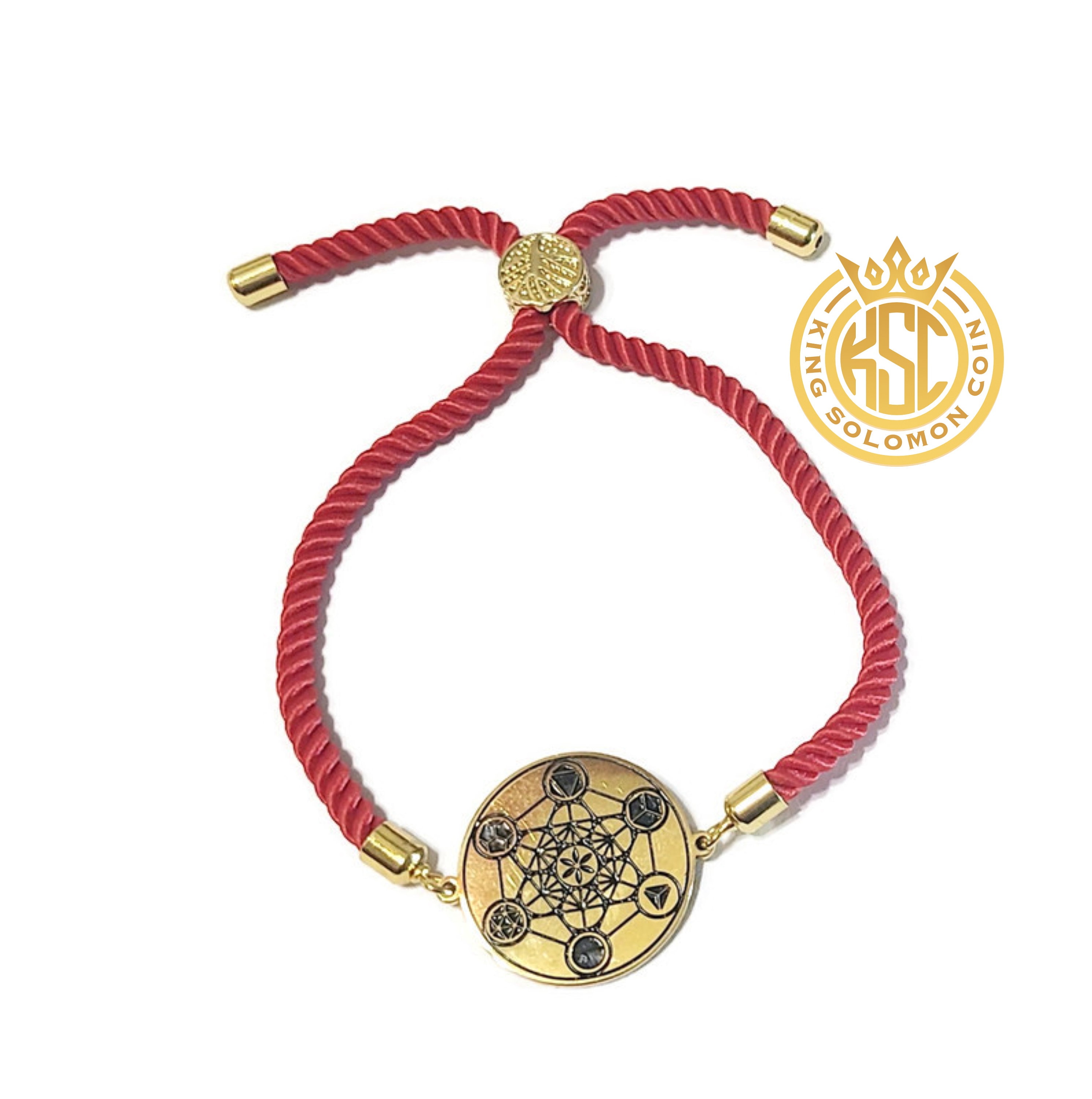 Metatron’s Cube Bracelet – King Solomon Seal Coin & 72 Names of God (Red Cord)