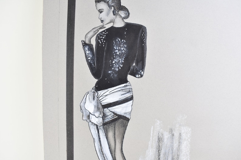 Original Charcoal Drawing of Fashionable Woman Wall Art Home House Decor on Crescent Board Suitable for Framing 12 Inches by 16 Inches