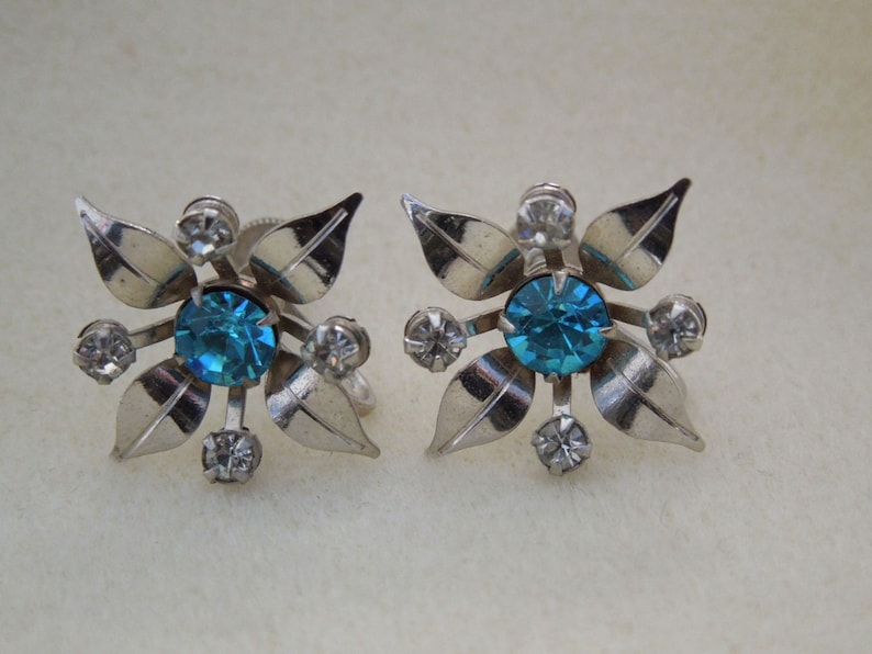 Earrings Signed B/&N Silver Tone Leaves with Large Blue Accent Rhinestone Center Clear Rhinestone Accents Vintage and Retro Jewelry and Gifts