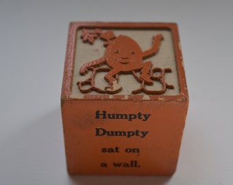 Block Wooden Extra Large 2 Inch Nursery Rhyme Humpty Dumpty Sat on a Wall Orange with Two Illustrations and Rhyme Vintage Children's Toys