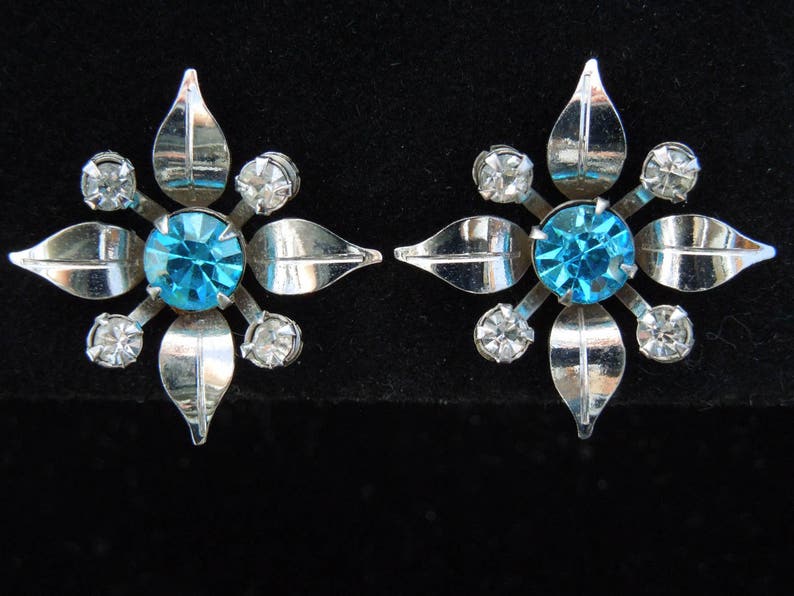 Earrings Signed B/&N Silver Tone Leaves with Large Blue Accent Rhinestone Center Clear Rhinestone Accents Vintage and Retro Jewelry and Gifts