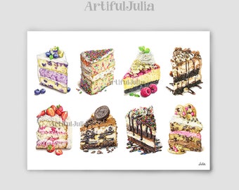Cake Poster, Cake Art Print, Kitchen Wall Art, Baking Gift, Kitchen Decor, Food Poster, Watercolor Cakes, For Baker, Bakery Wall Decor
