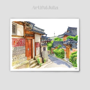 South Korea Art Bukchon Hanok Village City Canvas Art Wall Art Print Watercolor painting-Matte Paper Print & Stretched Canvas Print