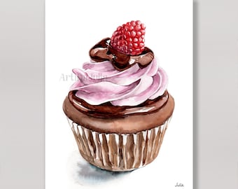 Raspberry Cupcake Watercolor Painting Fruit Illustration Art for Home Decor Art Cupcake Poster Fruit Painting