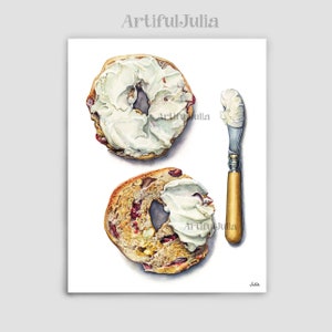 Food Art Print Bagel With Cream Cheese Bagel Art Food Watercolor Painting Food Poster For Kitchen Wall Decor