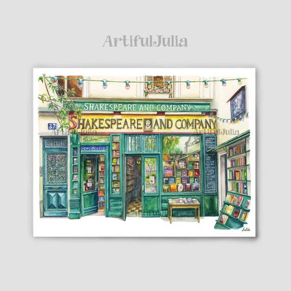 Shakespeare And Company Bookstore watercolor painting, Paris Artwork,  France Art Print, Hand painted, Digital Download