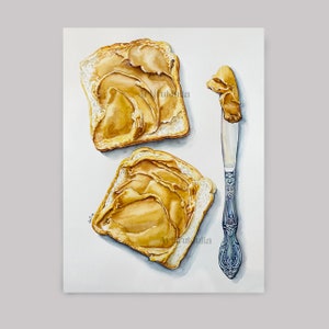 Original Watercolor painting Toast With Peanut Butter Food Painting Sandwich Art Food Art Peanut Butter Painting Bread Sandwich Toast Art