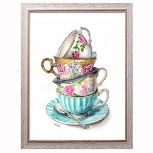 Tower of Teacups Art print Teacups painting Kitchen wall Art Print of original watercolor painting