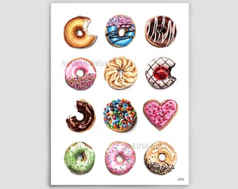Donut Poster Donut Watercolor Donut Art Print Donut Shop wall Kitchen Wall Decor Dessert Donut Watercolor Painting Nursery Wall Art