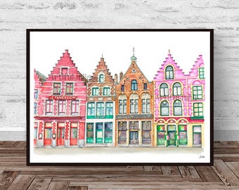 Grote Market Bruges Belgium High quality Art of Original Watercolor Painting Hand Painted Belgium Wall Art Digital download