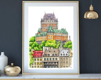 Quebec City Painting, Watercolor Art print, Chateau Frontenac Hotel, Wall Decor, Printable wall art,  Canada Art, Digital Download