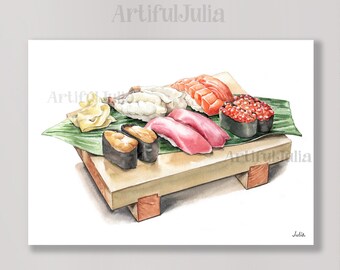 Impresión de arte de acuarela de sushi Impresión de alta calidad Pintura de alimentos Ilustraciones de comida japonesa Impresión de arte de sushi