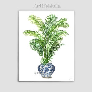 Chinoiserie Art Prints Palm Tree Watercolor Painting Ginger Jar Palm Print Chinese Art Blue and White Art Painting
