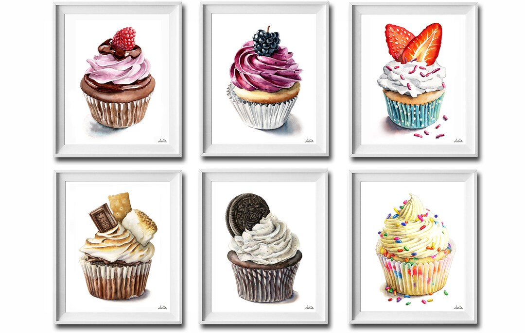 Cupcake Art Prints Cute Painting for Wall A Set of 2, 3, 4 & 6 Dessert ...
