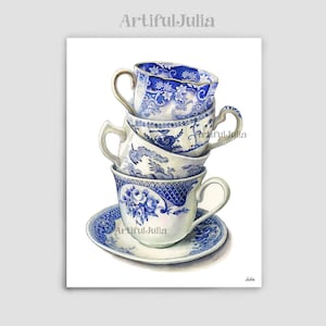 Blaue und weiße Teetassen Art Print Stapel Teetassen Gemälde Küche Wand Kunst Teetassen Kunstwerk Druck von original Aquarell Malerei