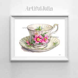 Vintage Bone China Teacups Saucers Flower Art print Teacups painting Kitchen wall Art Print of original watercolor painting