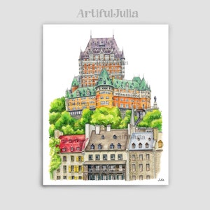 Puede incluir: Pintura acuarela del Ch&acirc;teau Frontenac en la ciudad de Quebec, Canad&aacute;. El edificio es un gran hotel hist&oacute;rico con un techo verde distintivo y paredes naranjas. La pintura tambi&eacute;n incluye una vista de la ciudad de abajo, con edificios m&aacute;s peque&ntilde;os y &aacute;rboles.
