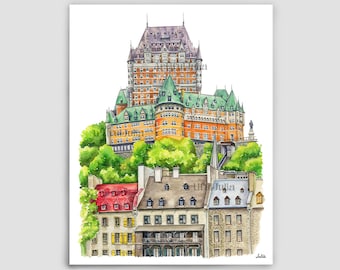 Peinture de la ville de Québec Aquarelle Art imprimé Château Frontenac Hôtel Bureau Décor Automne Décor Grand art mural Canada Art Colorful City Art