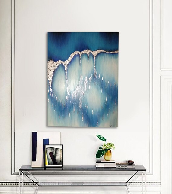 Blue silver painting Original canvas art Silver leaf Etsy