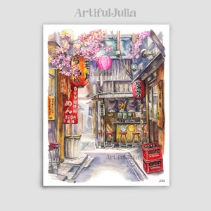 Japan schilderij Yokocho Alley, Shinjuku, Tokio, Japan Art print wereldreizen Decor Tokyo aquarel schilderij muur kunst kleurrijke stadskunst