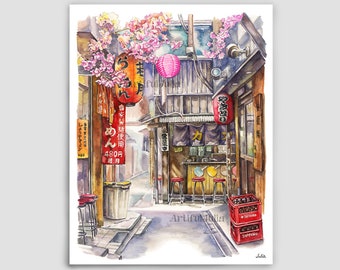 Japan Painting Yokocho Alley, Shinjuku, Tokyo, Japan Art print world travel Decor Tokyo Watercolor Painting wall Art Colorful City Art