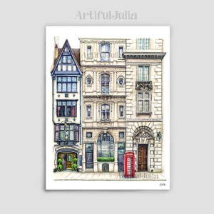 Stampa artistica della città di Londra Pittura del Regno Unito Immagine del pub Edificio Pittura ad acquerello Decorazione della parete Arte della vista della città di Londra
