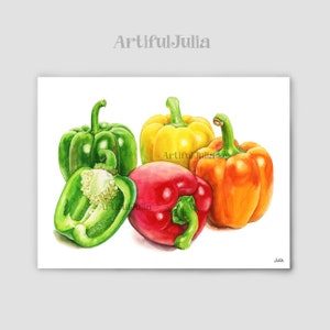 May include: Watercolor painting of four bell peppers. One green pepper is cut in half, revealing the inside. The other peppers are whole and are red, yellow, and orange.
