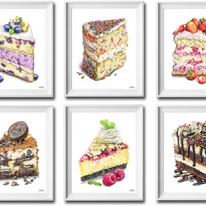 Cake Art Prints Baking Wall Art Cute Painting for Wall Food Artwork A Set of 2, 3, 4 & 6 Dessert Art of my original watercolor