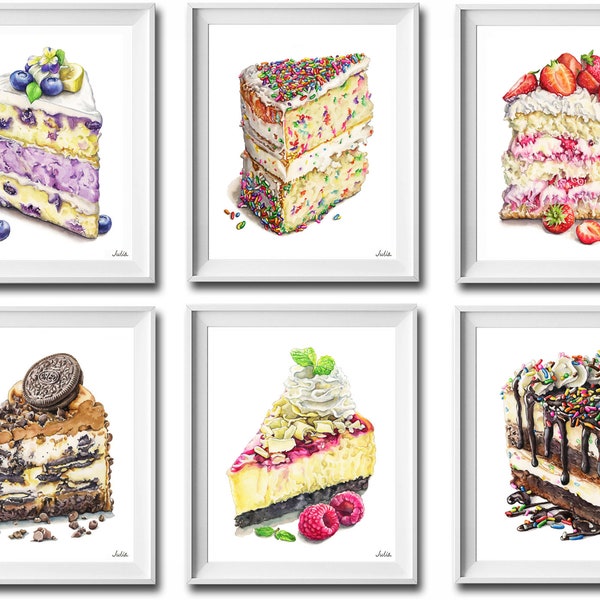 Cake Art Prints Baking Wall Art Cute Painting for Wall Food Artwork A Set of 2, 3, 4 & 6 Dessert Art of my original watercolor