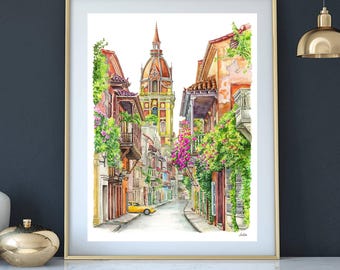 Cartagena Colombia Art, City Watercolor Painting, Colombia Painting, Cartagena wall art, Spanish Art, Printable Art, Digital download