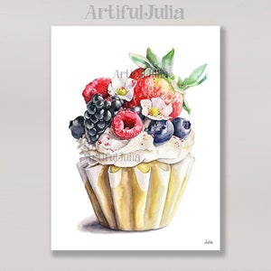 Cupcake Wall Art Prints Vanilla cupcake with Fruits Kitchen Wall  Dessert Painting Cupcake Poster Watercolor Painting