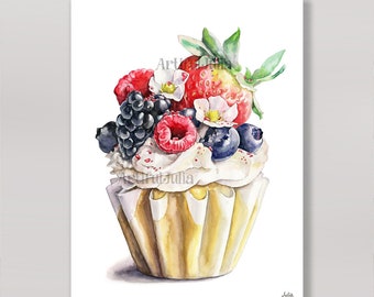 Cupcake Wall Art Prints Vanilla cupcake with Fruits Kitchen Wall  Dessert Painting Cupcake Poster Watercolor Painting