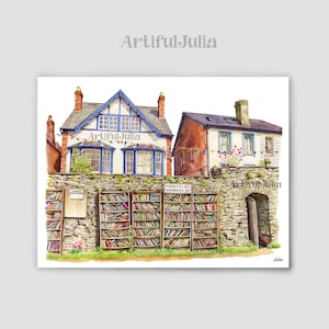 City Watercolor Painting Bookshop Art Books Painting Travel poster hay-on-wye The Unique Book Town in Wales United Kingdom Hay-on-Wye print