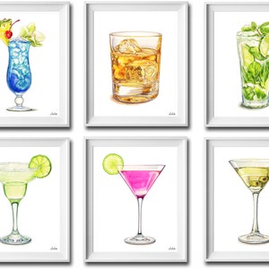 Cocktail Art Print Set Watercolor Painting Cocktail Kitchen Wall Art Bar Wall Decor Margarita Cosmopolitan Old Fashioned Cocktail Drinks Art