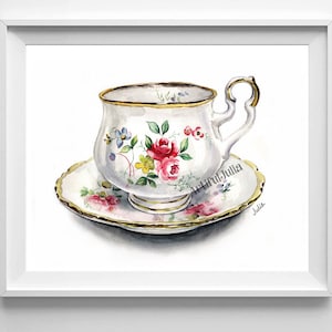Teacups Painting Teacup Watercolor Art print Teacups painting Kitchen wall Art Print of original watercolor painting