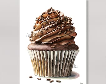 Chocolate Frosted Cupcake with Sprinkles Wall Art Prints Art for Kitchen Dessert Cupcake Poster-Matte Paper Print & Stretched Canvas Print