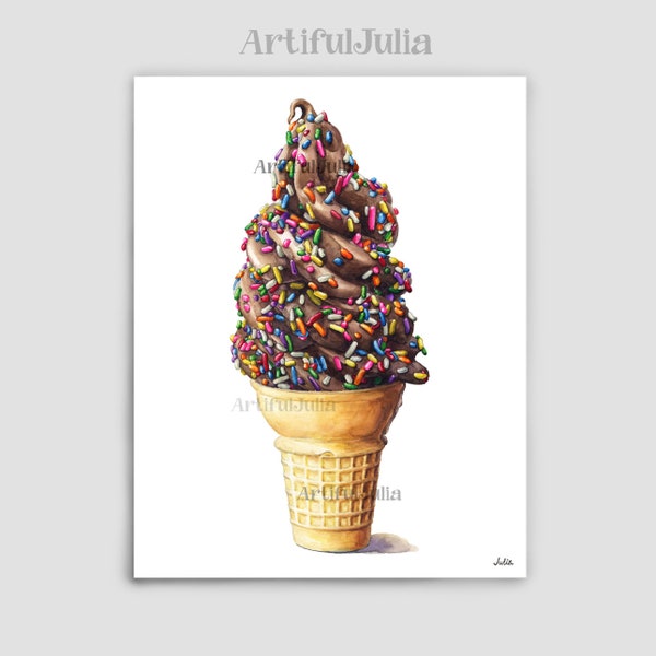 Chocolate Ice Cream Art Print Colorful Sprinkles Ice Cream Cone Illustration Art print of my original watercolor painting