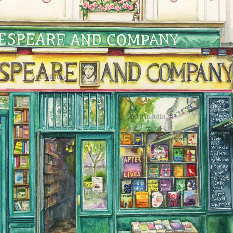 May include: Watercolor painting of the Shakespeare and Company bookstore in Paris. The shop front is painted in shades of green and yellow, with the name of the store prominently displayed. Books are visible in the windows and on shelves.